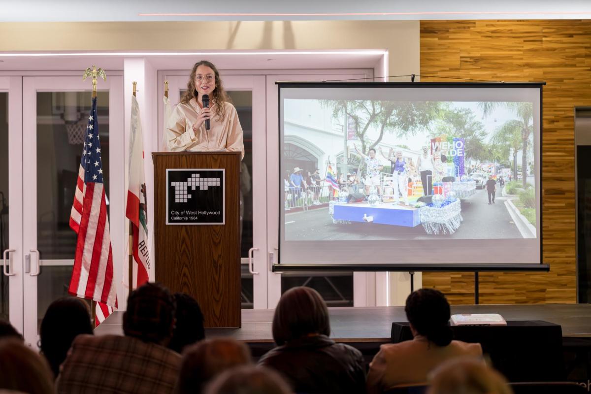 West Hollywood Council Member (and former Mayor) Chelsea Lee Byers gives the State of the City address. Photo credit: Jon Viscott. Chelsea Lee Byers speaking at podium