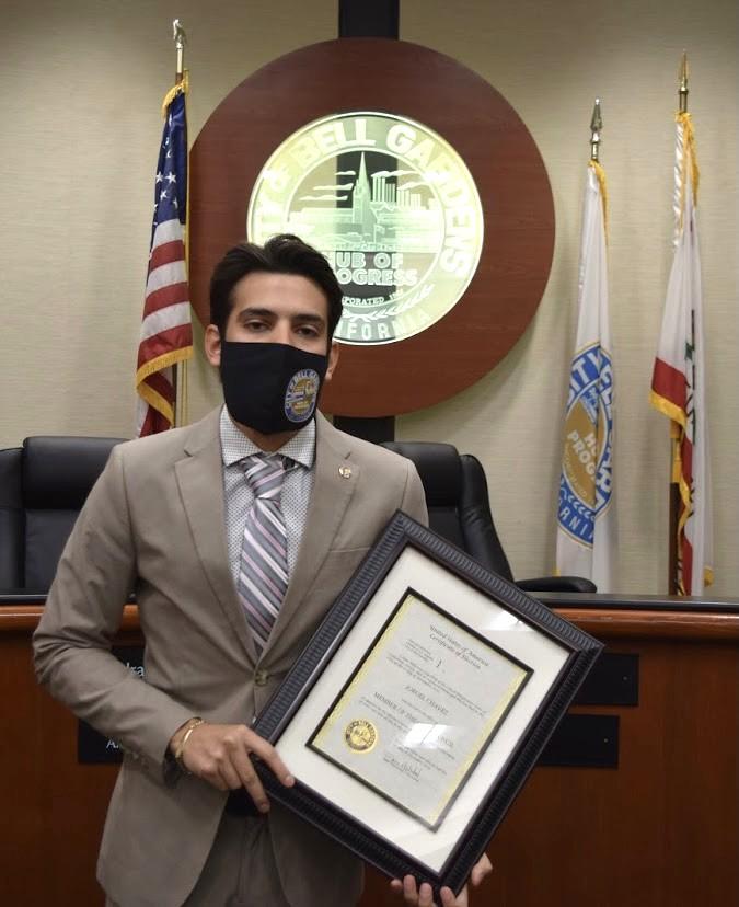 Jorgel Chavez was sworn in as a Bell Gardens City council member in December 2020. Photo courtesy of Jorgel Chavez. Jorgel Chavez carrying a certificate