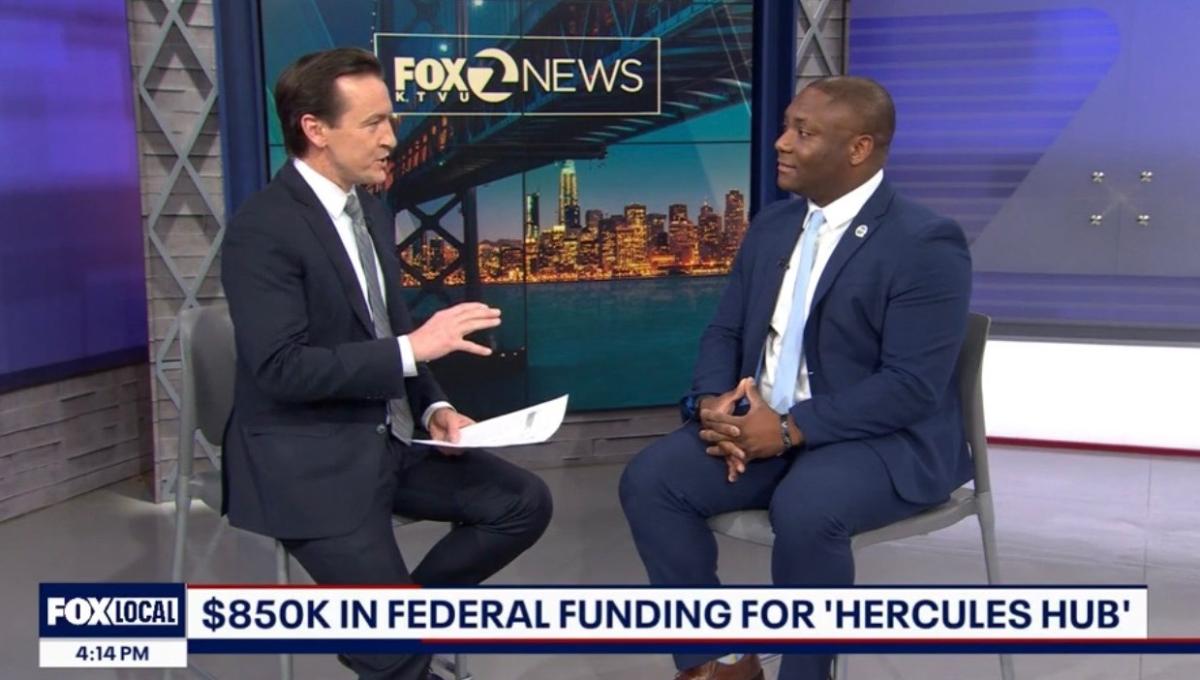 Hercules Vice Mayor Alex Walker-Griffin sat down with KTVU Channel 2 journalist Alex Savidge in March 2024 to discuss the Hercules Hub, a transit-oriented development to expand housing and connectivity. Photo courtesy of Alex Walker-Griffin. Alex Walker-Griffin sits down with journalist