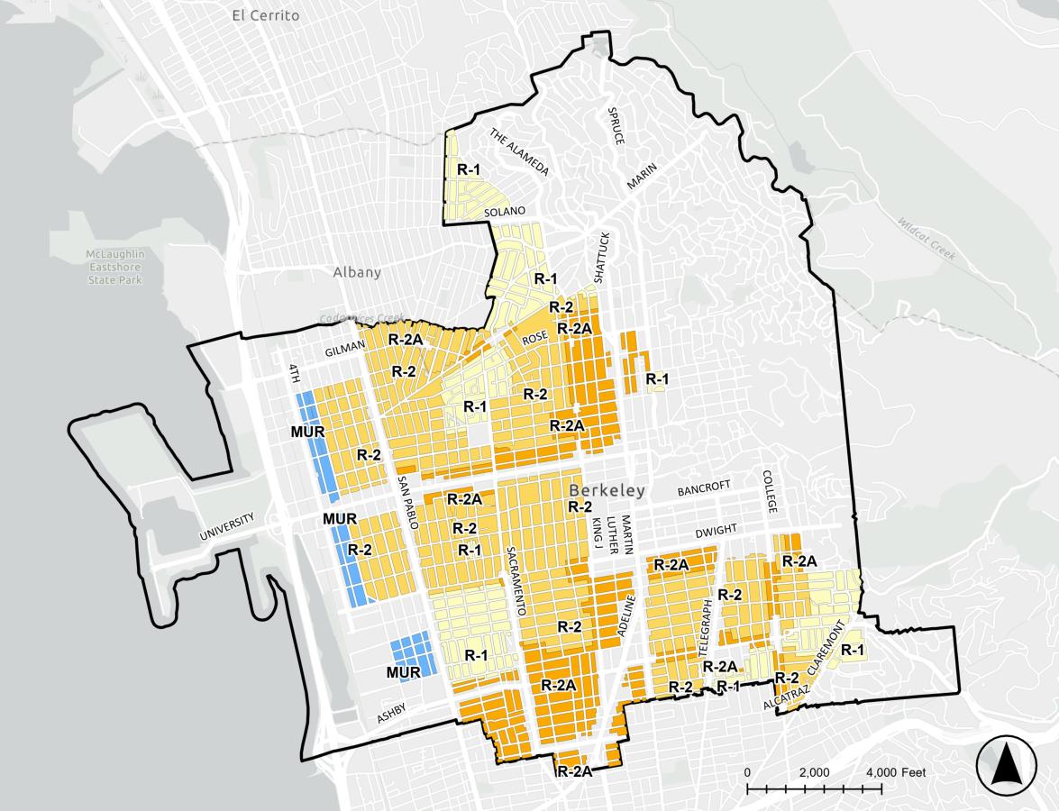 Map showing areas in Berkeley where the city’s new middle housing zoning policies apply. Photo courtesy of the city of Berkeley.