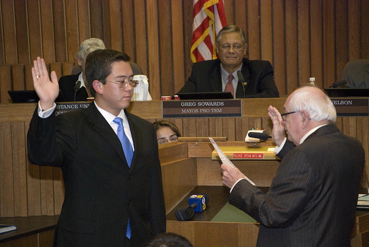 Jeremy Yamaguchi became the youngest member of the Placentia City Council in 2008. At the time, he was a sophomore political science major at Cal State Fullerton. Photo courtesy of Jeremy Yamaguchi. Jeremy Yamaguchi receives Oath of Office in 2008.