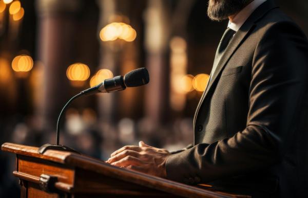 An artificially generated image of a man speaking a podium.
