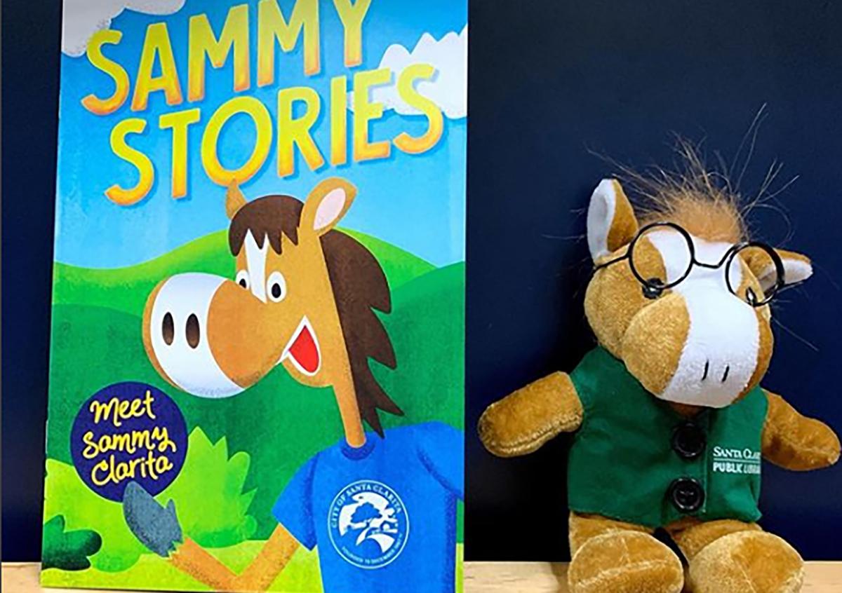 Sammy Clarita poses next to his book at Wiley Canyon Elementary Library.