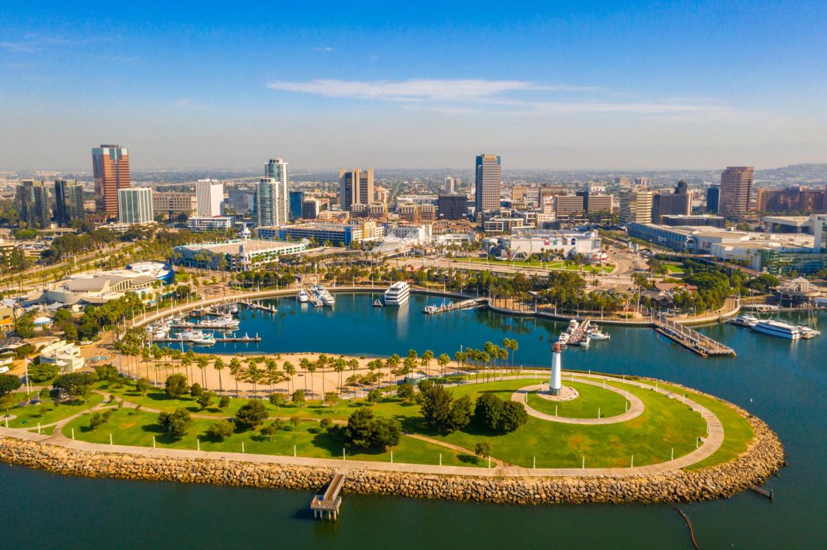 An aerial view of the city of Long Beach coastline, harbor, skyline and marina. 