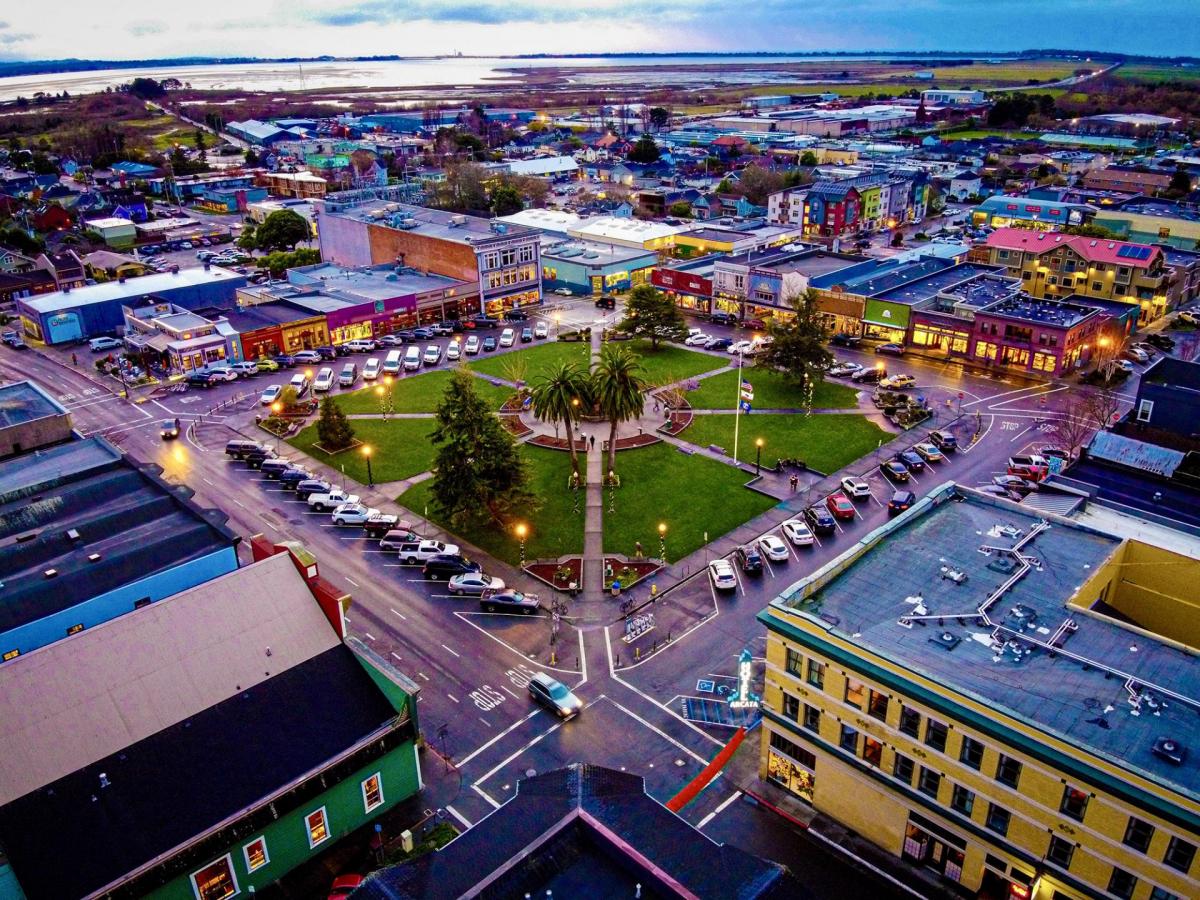 Aerial view of the city of Arcata, one of the 10 cities to participate in the 18-month BOOST Pilot Program designed to help California local governments advance climate and equity goals.