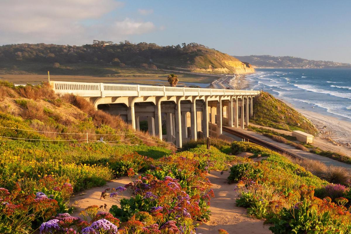 San Diego bridge and road near the ocean.
