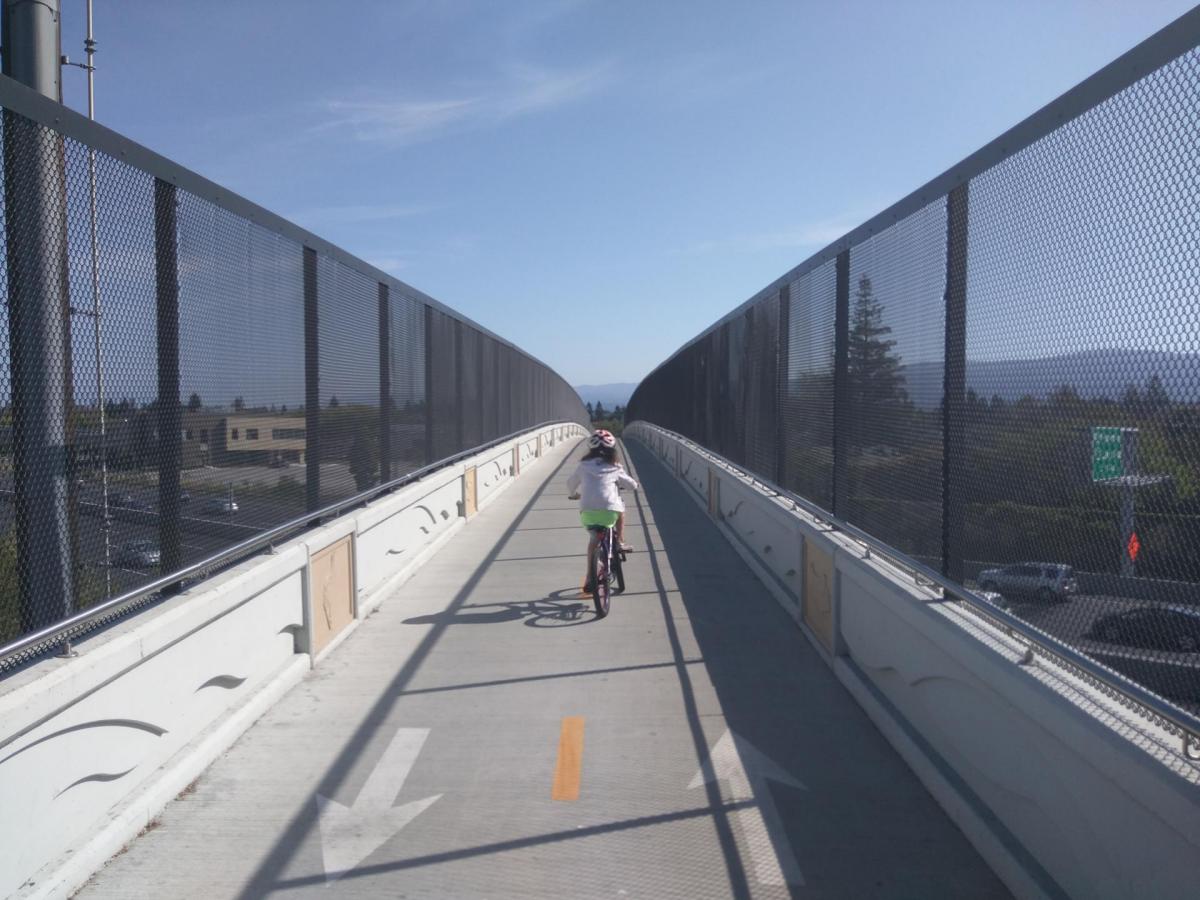 A child biking alone on a protected bike bridge. 
