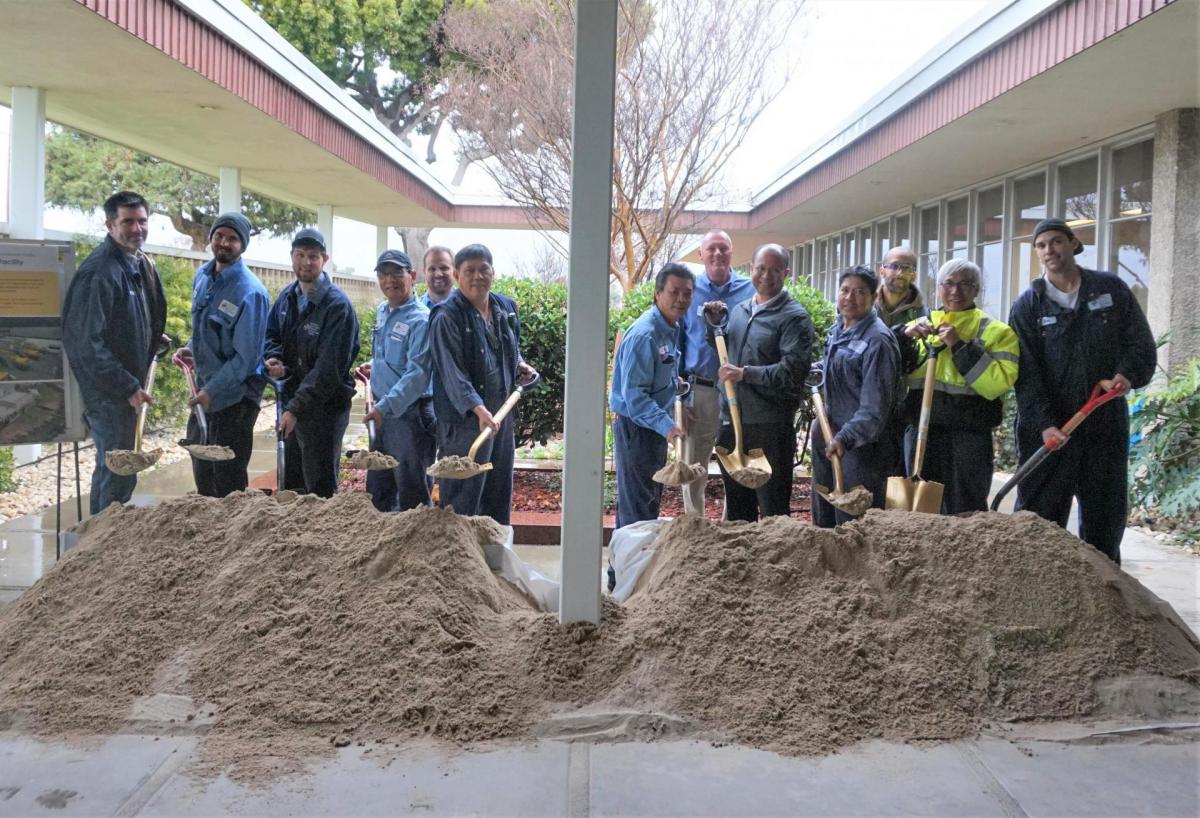 Operations and maintenance staff with the San José-Santa Clara Regional Wastewater Facility take part in the groundbreaking for the new cogeneration facility in 2018.