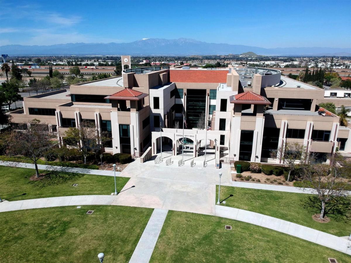 Aerial view of the Corona city hall and surrounding area.