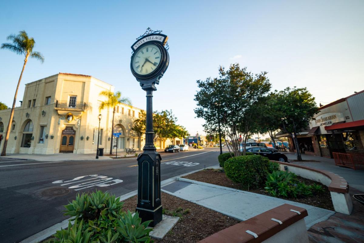 The Vista Village Clock located in downtown Vista.