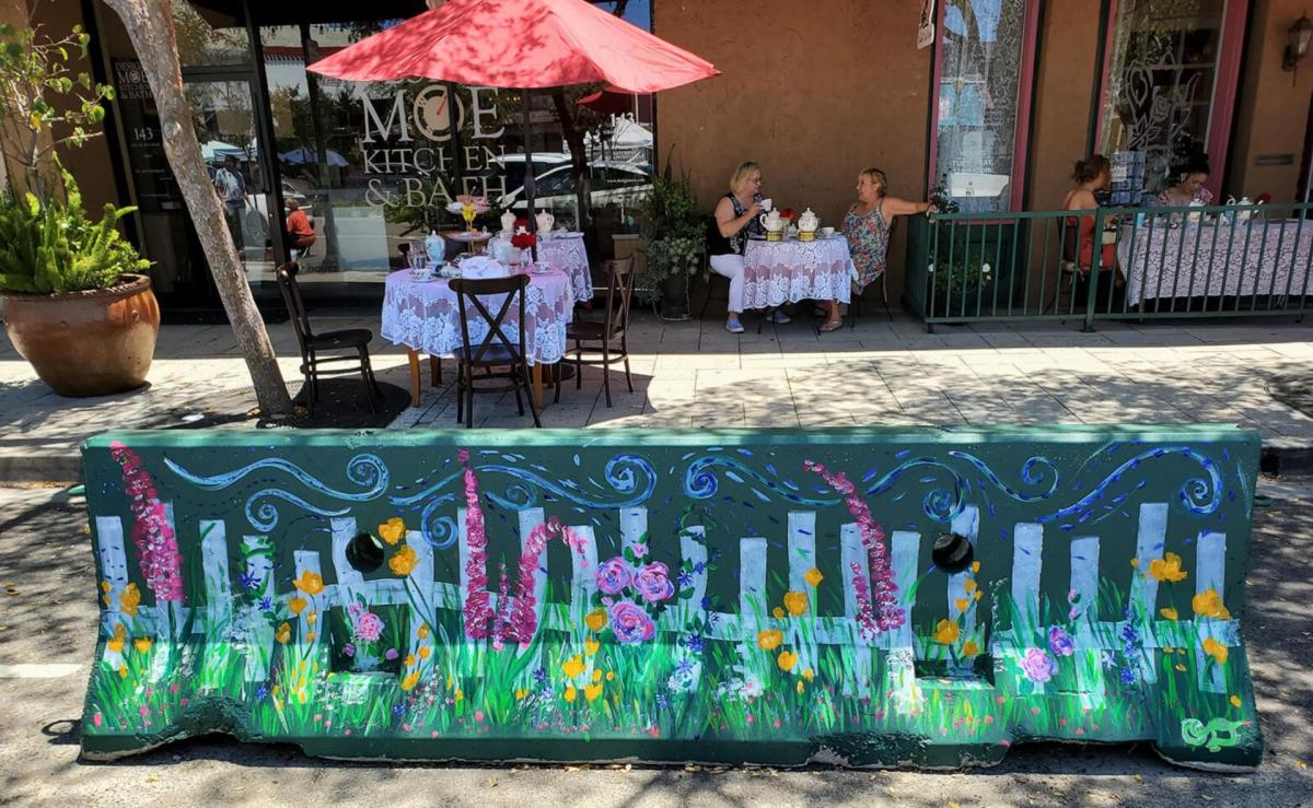 A floral-patterned barrier outside of the Grand Tea Room in downtown Escondido. 