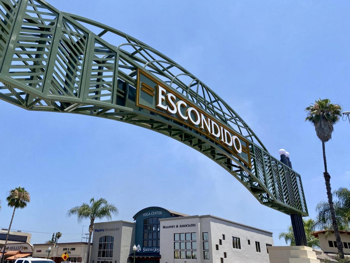 The welcoming city arch over Grand Avenue in downtown Escondido.
