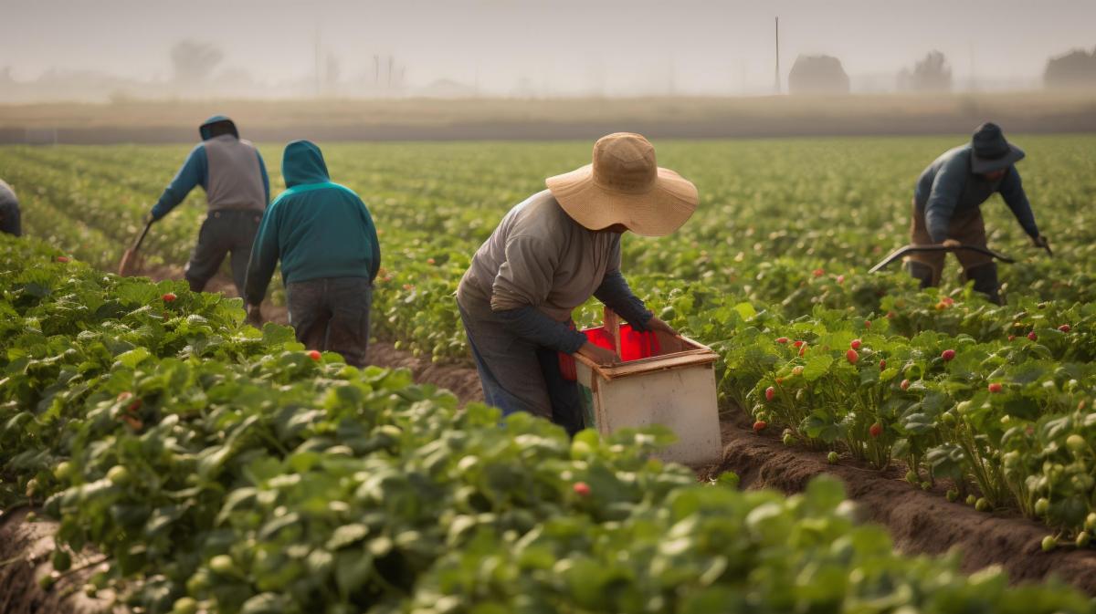 An artificially generated image of farmers picking vegetables.