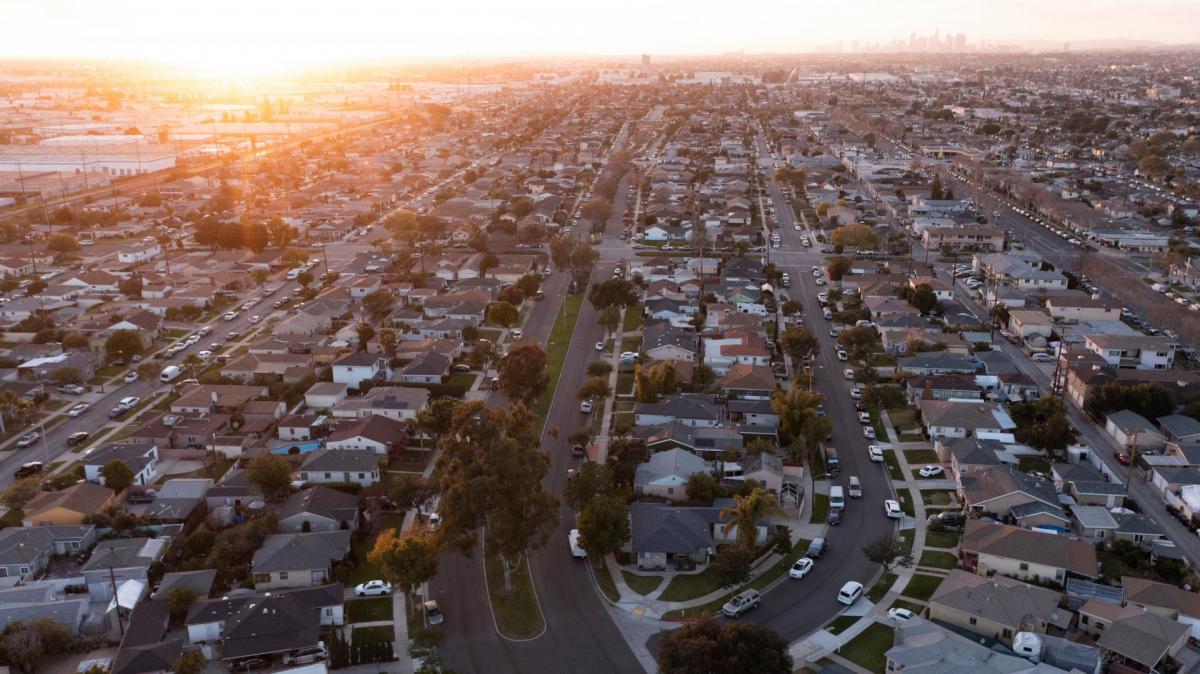 An aerial view of a suburban community. 