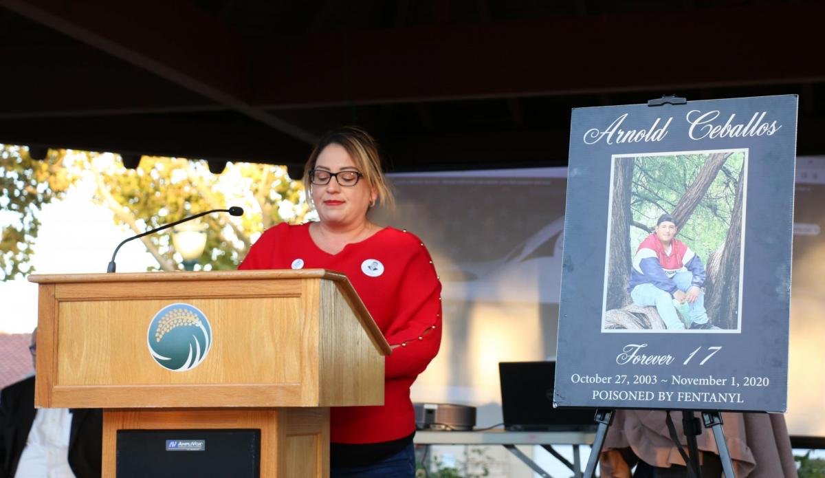 Graciela Baez, a Palmdale resident who lost her son to a fentanyl overdose, shares his story at a community event. 