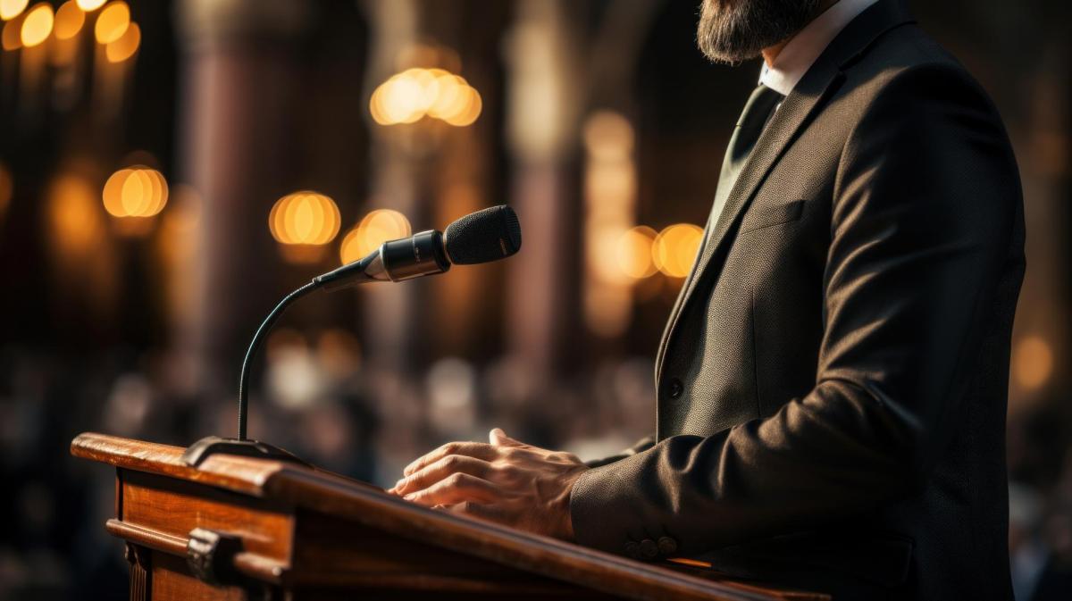An artificially generated image of a man speaking a podium.