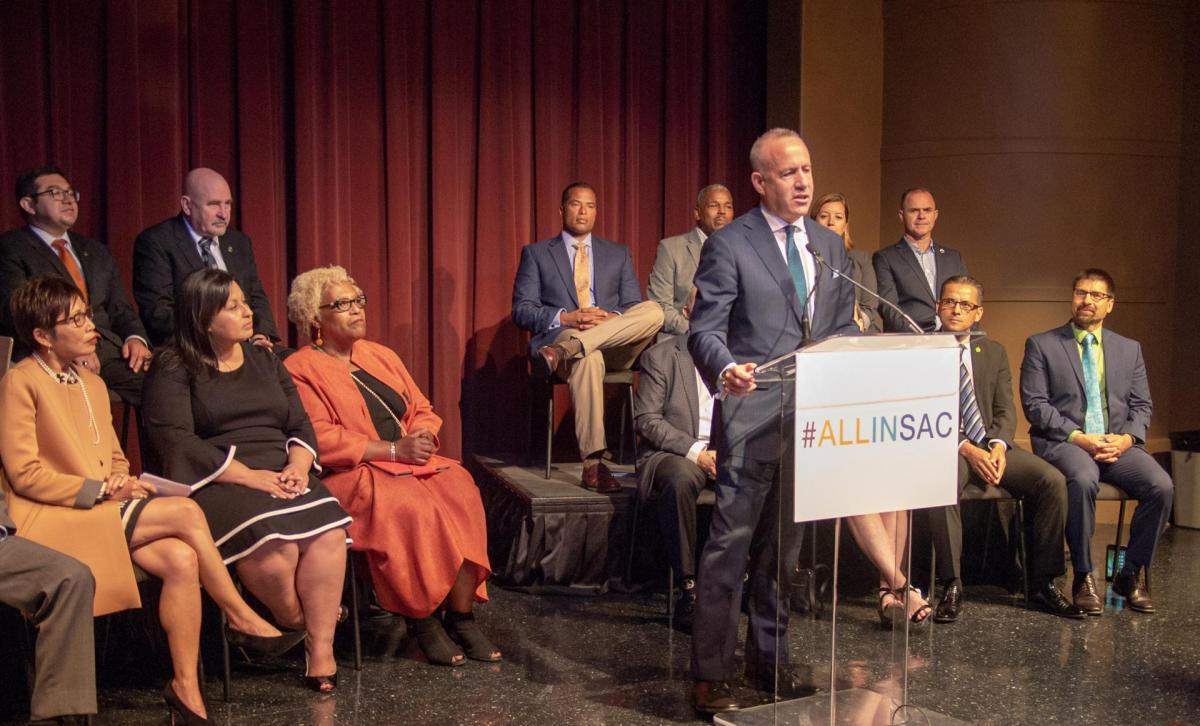 City of Sacramento Mayor Darrell Steinberg delivers speech about #ALLINSAC effort.