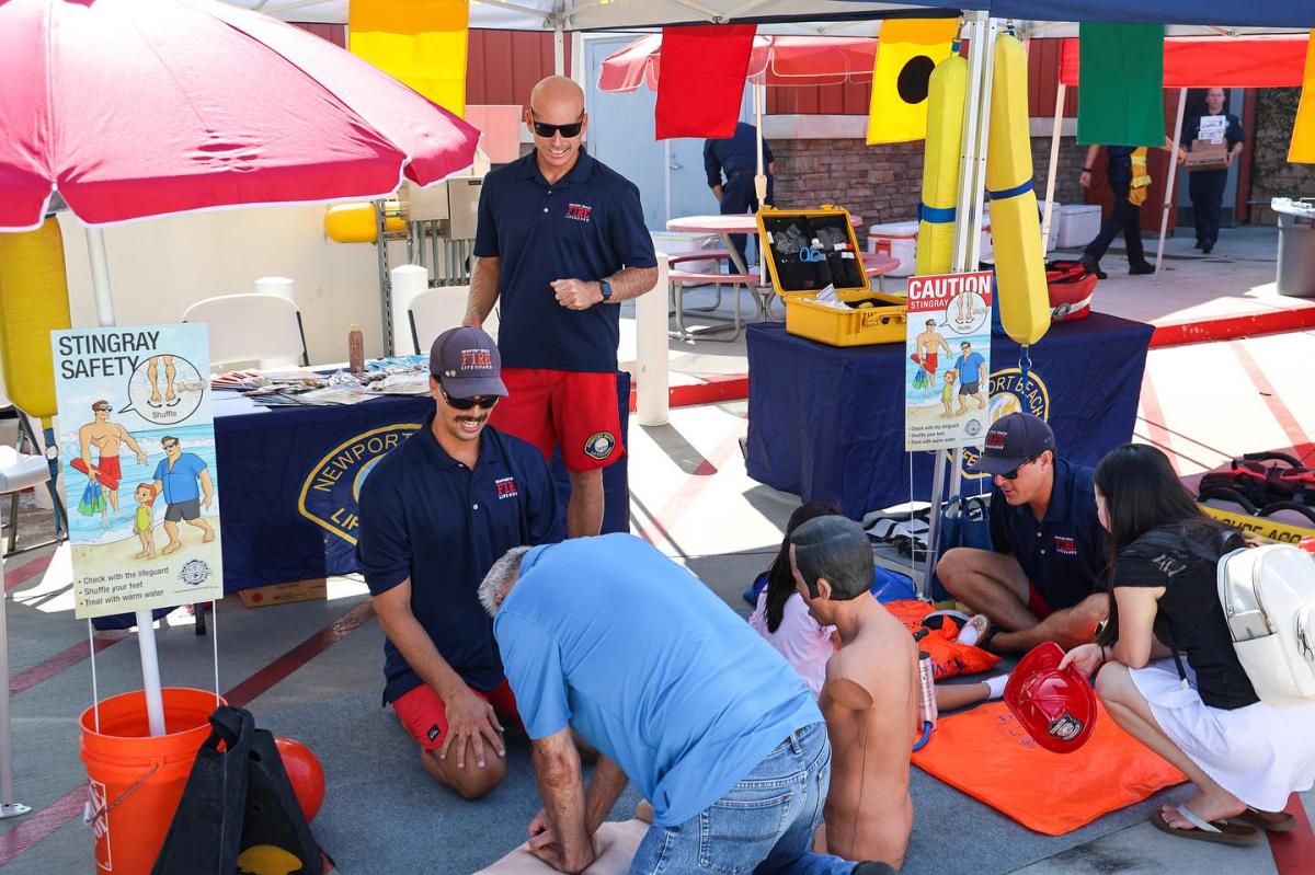 The Newport Beach Fire Department provides CPR/compression training and teaches surfers how to recognize and rescue drowning persons.
