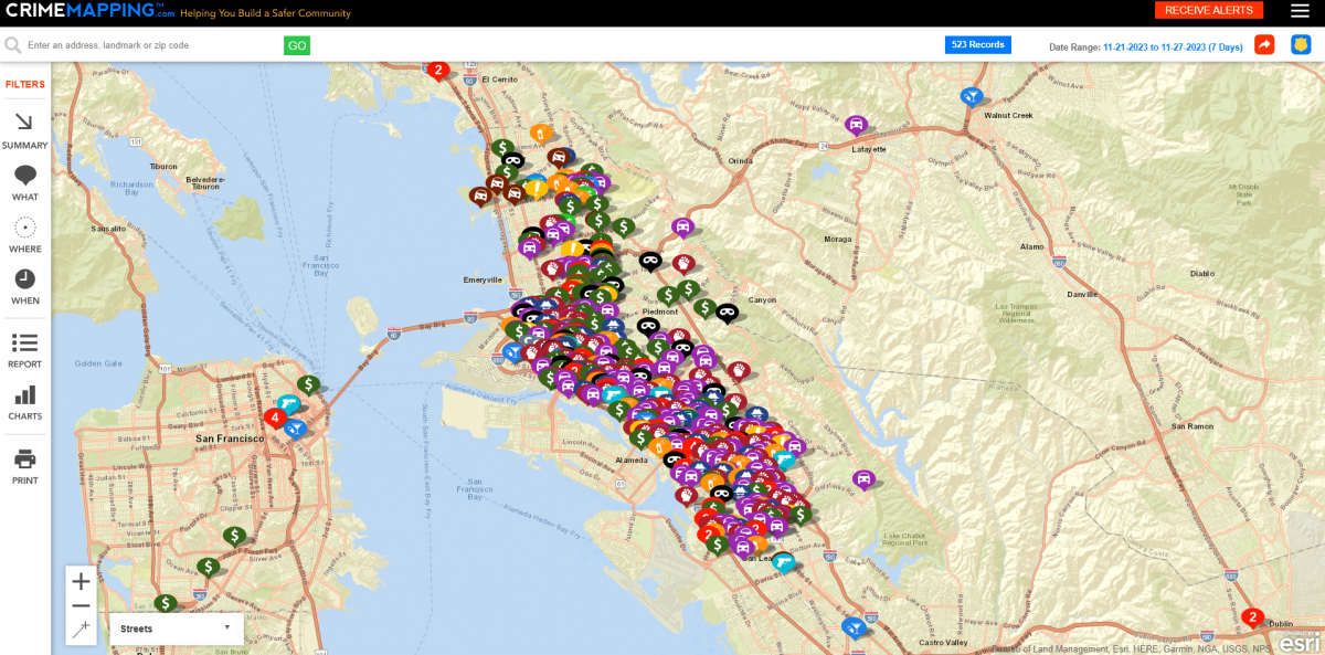 Map with crime locations in Oakland.