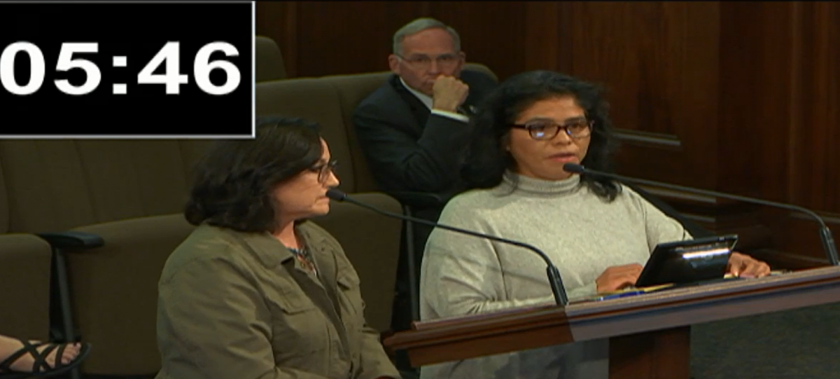 A screenshot of a woman speaking a a Ventura City Council meeting. 
