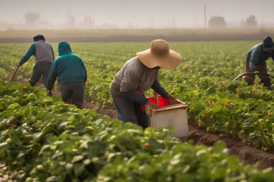 An artificially generated image of farmers picking vegetables.