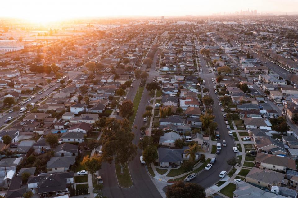 An aerial view of a suburban community. 