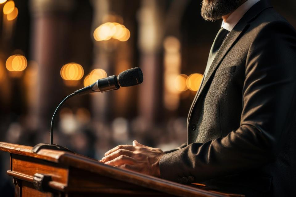 An artificially generated image of a man speaking a podium.