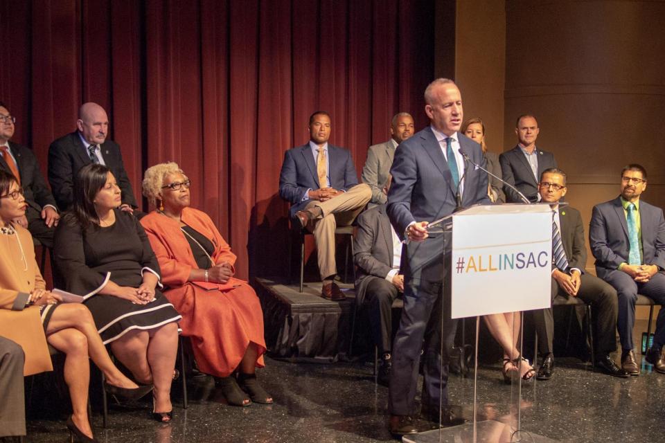 City of Sacramento Mayor Darrell Steinberg delivers speech about #ALLINSAC effort.