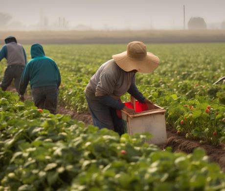 An artificially generated image of farmers picking vegetables.
