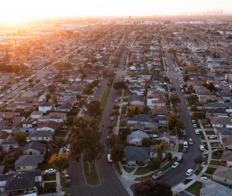 An aerial view of a suburban community. 