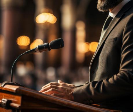 An artificially generated image of a man speaking a podium.