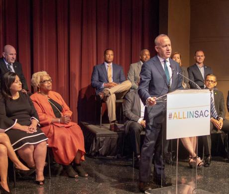 City of Sacramento Mayor Darrell Steinberg delivers speech about #ALLINSAC effort.